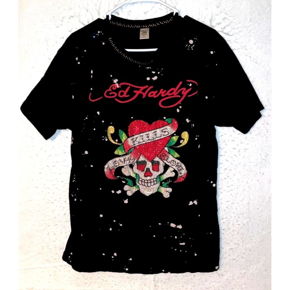 Ed Hardy Shirt Mens sz L Love Kills Slowly Rhinestone Skull Paint Splash Vintage